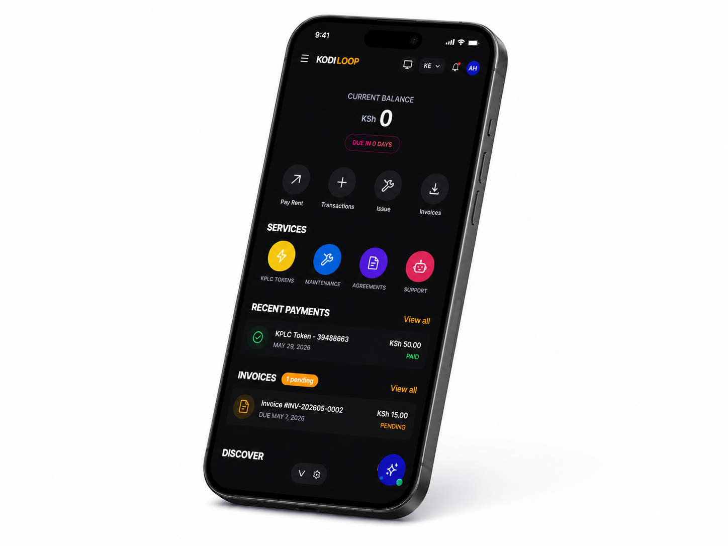 KodiLoop mobile app screens for tenant rent payment usage
