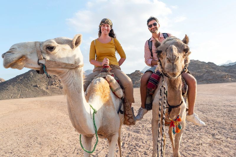 unos Turistas Montando Camellos en el Desierto