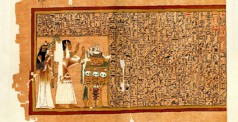 Un fragmento del Papiro de Ani (Libro de los Muertos), un manuscrito en papiro con jeroglíficos cursivos e ilustraciones a color, creado alrededor del año 1250 a. C.