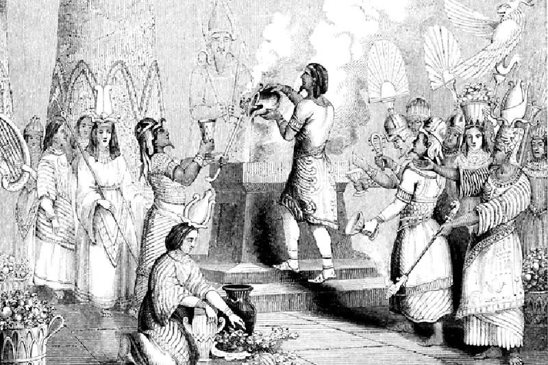 Representación artística de un ritual en una ceremonia religiosa del Antiguo Egipto, con ofrendas, incienso y sacerdotes en procesión.