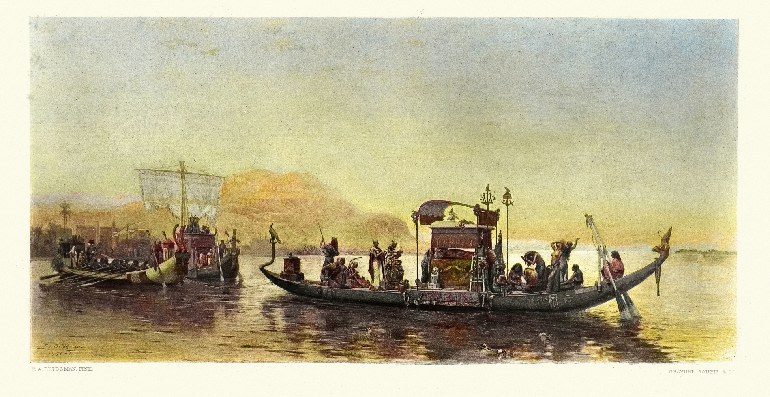 Funeral de una momia en el Nilo, antiguo Egipto.