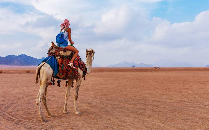 donna su cammello nel sinai, penisola del mar rosso