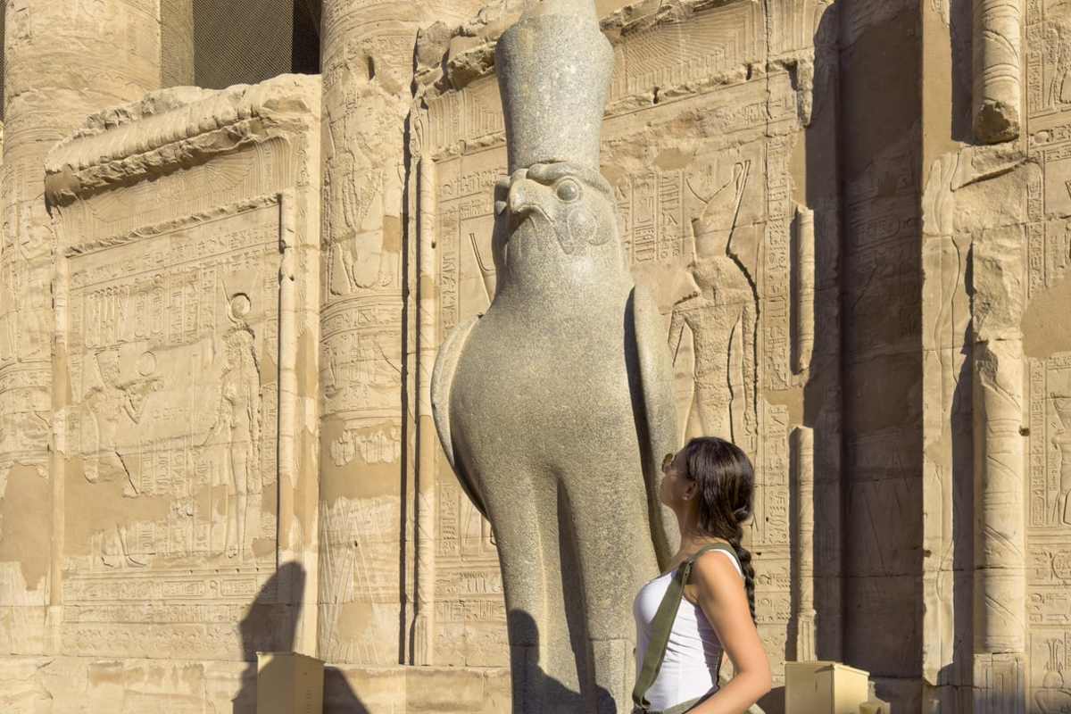 a tourist in front of edfu temple, Egypt Christmas Vacation