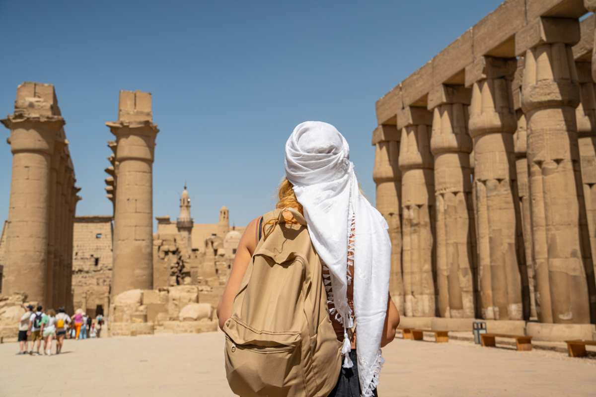 woman in front of luxor temple, Christmas Nile Cruise