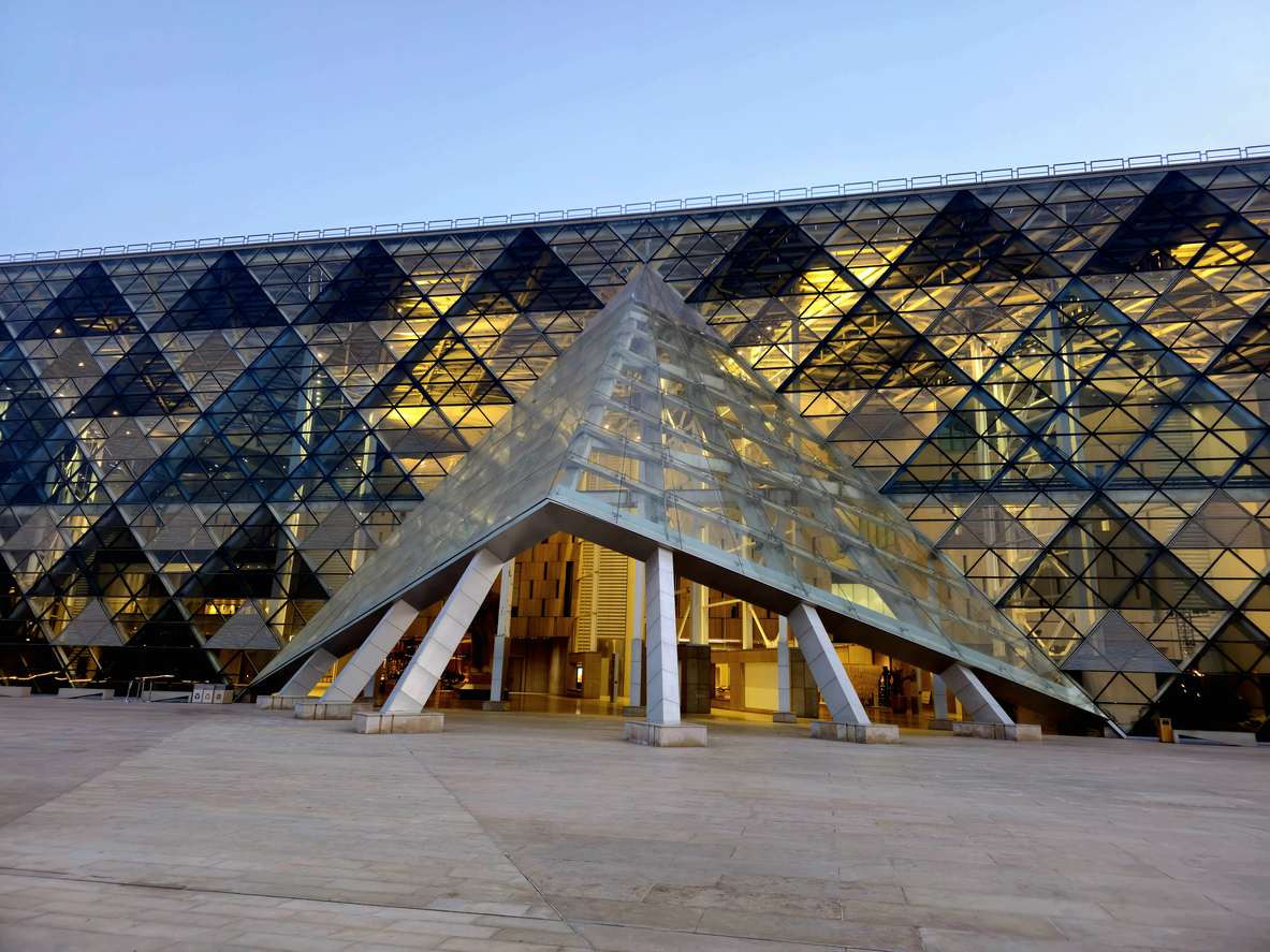 Exterior part of the grand egyptian museum, Couples taking selfie in front of the pyramids, Cairo Luxor tour