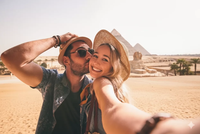 Una pareja durante viaje de luna de miel en Egipto junto a las pirámides.