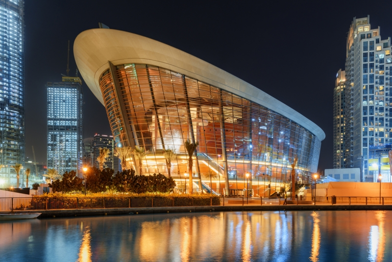 Awesome night view of Dubai Opera House at downtown, UAE