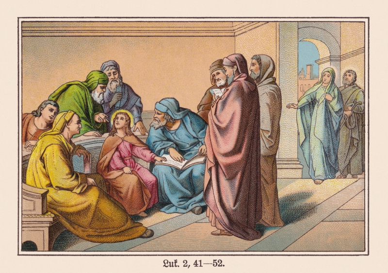 Twelve-Year-Old Jesus in the Temple (Luke 2), chromolithograph, published ca. 1898, Holy Family in Egypt
