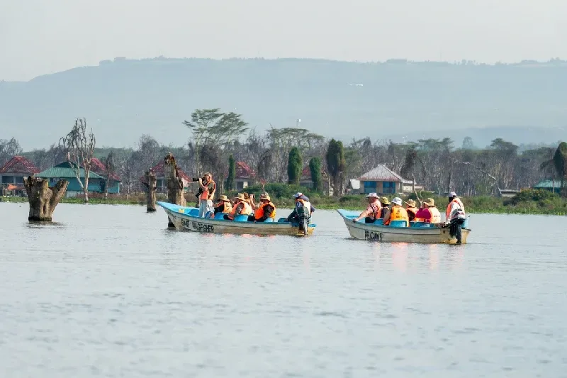 Tourists in boat look on the antelopes waterbuck in Naivasha Lake
