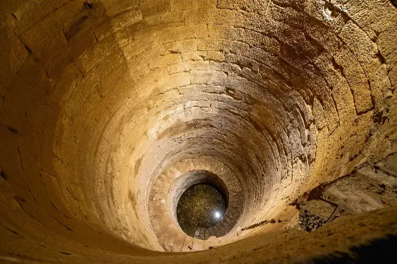 Blick hinunter in den antiken Nilometer des Tempels von Kom Ombo – ein Bauwerk, das zur Messung des Wasserstandes des Nils genutzt wurde.