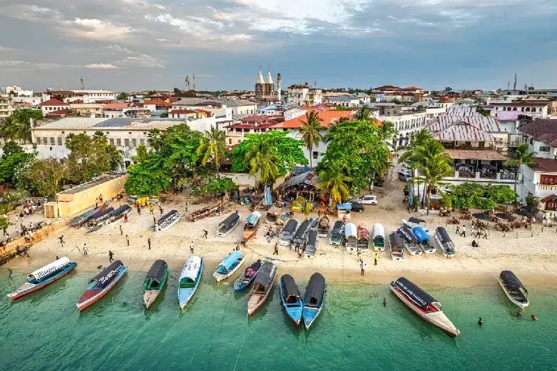 Stone Town, Zanzibar shoreline with traditional dhow boats 