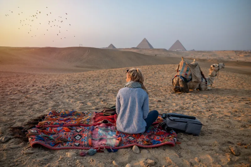 A traveler sits on a colorful rug in the Giza Desert at sunset, overlooking the Pyramids of Giza, with a resting camel nearby and birds flying across the sky.