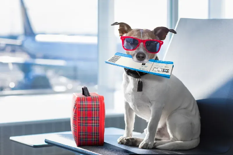 Hund im Flughafen-Terminal während einer Urlaubsreise
