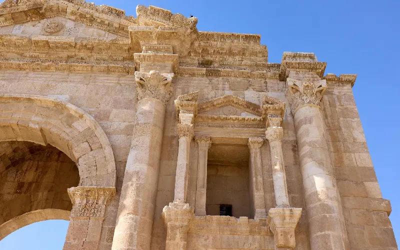 The intricate design of the Arch of Hadrian, a monumental structure in Jerash, Jordan