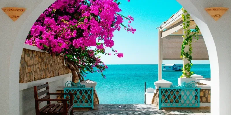 Una vista del mar azul de Túnez a través de un arco blanco con flores rosas en primer plano.