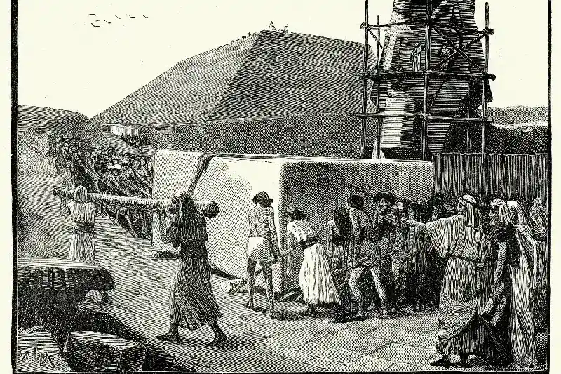 Vintage-Gravur der alten Ägypter, die eine Pyramide bauen