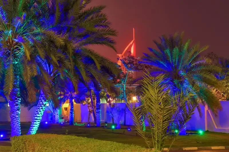 Night shot of a view into the city of Dubai