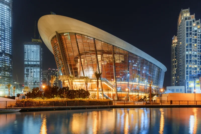 Awesome night view of Dubai Opera House at downtown, UAE