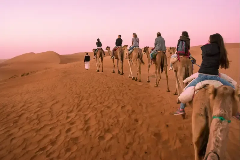 Gruppo di turisti in carovana sui cammelli mentre attraversano le dune di sabbia del deserto al tramonto.