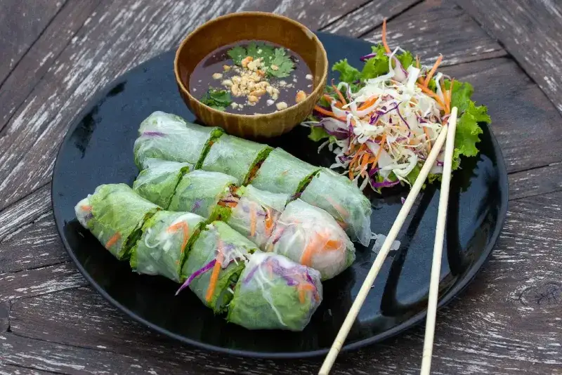 Rollitos vietnamitas frescos en un plato con ensalada.