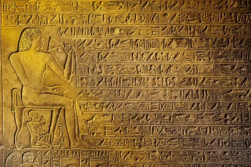 Antike ägyptische Hieroglyphen auf einer historischen Steinwand.