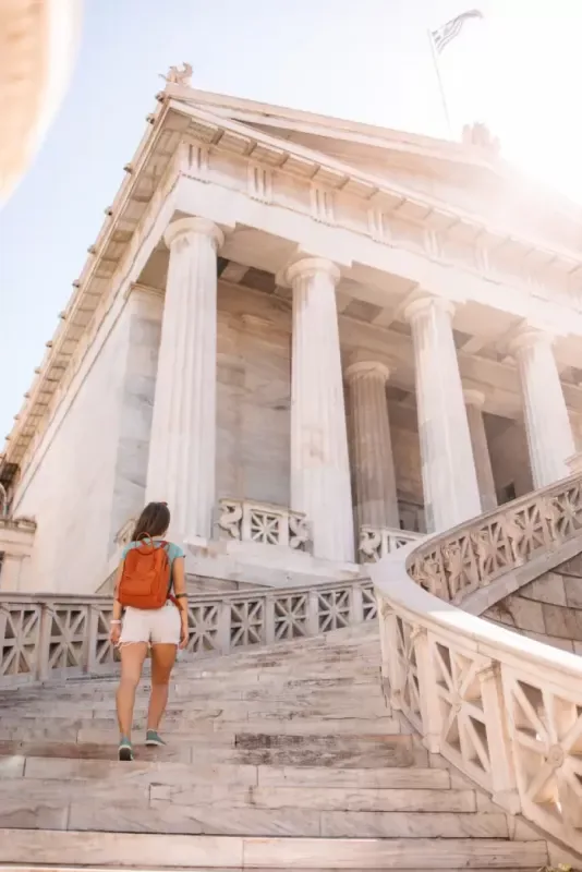 Walking up the stairs of the National Library of Greece in Athens