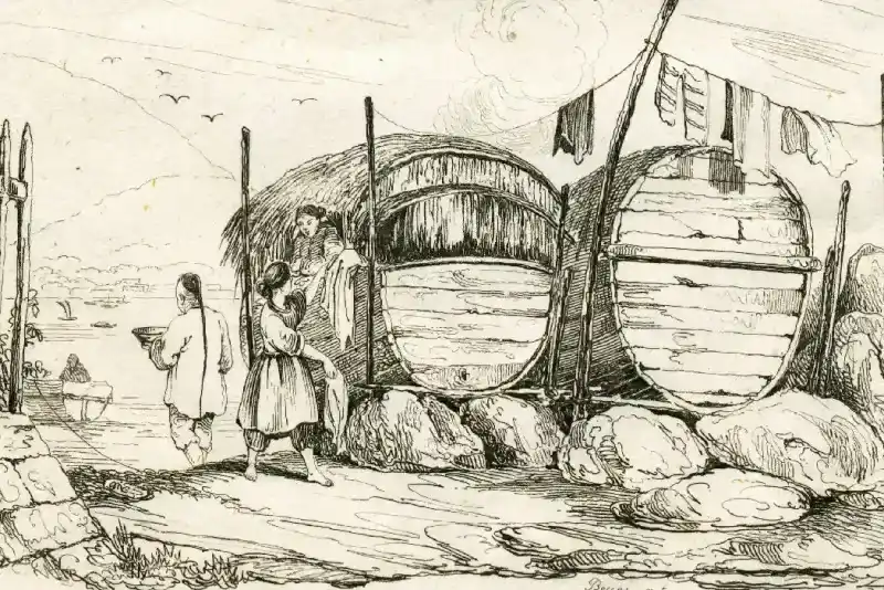 Illustrazione di un villaggio sulle rive del fiume Tigri tratta dal libro dei viaggi di Ibn Battuta.