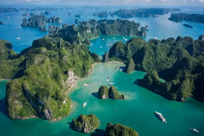 Bahía de Ha Long, Patrimonio de la Humanidad de la UNESCO, en un día de cielo despejado y hermoso. Paisaje natural de fondo.