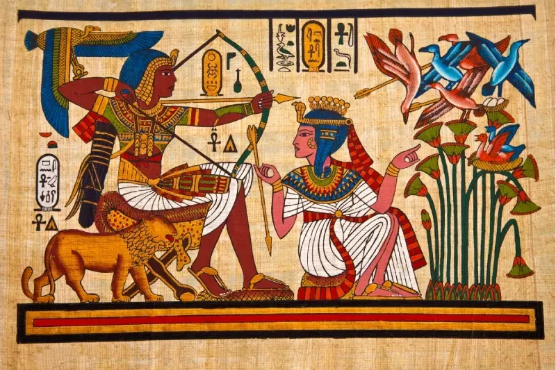 Papiro egizio raffigurante il faraone Tutankhamon a caccia con la regina Ankhesenamun e un leone.