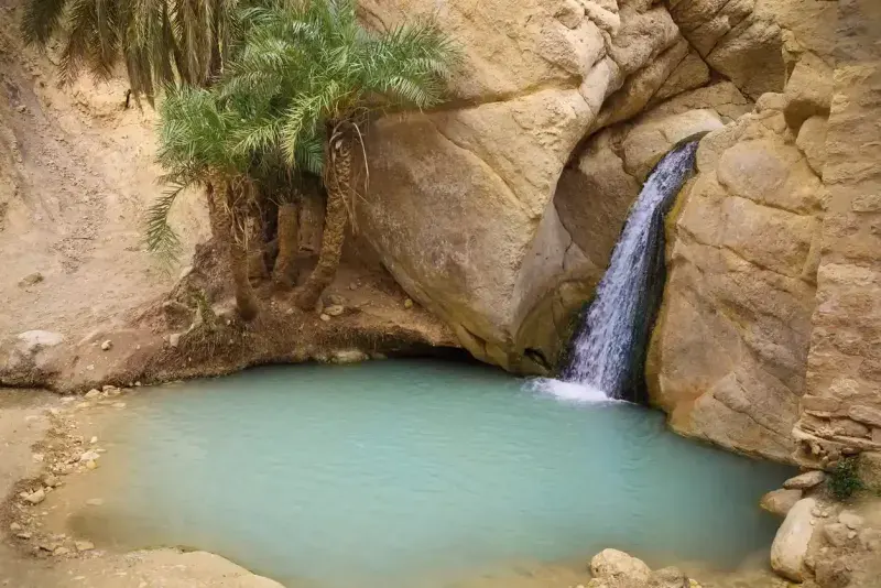 Waterfall in mountain oasis Chebika, Tunisia.