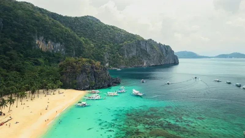 aerial-view-of-a-palm-fringed-golden-sand-beach-with-turquoise-water-outrigger-boats-anchored-offshore-in-el-nido-palawan-philippines