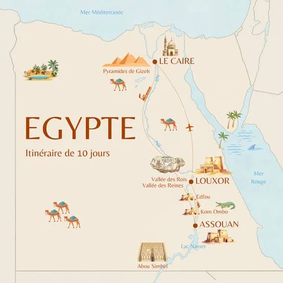 Carte d’un itinéraire de 10 jours en Égypte du Caire à Assouan