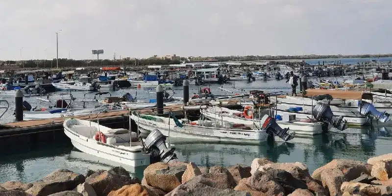 En el muelle principal de Farasan están anclados barcos que transportan turistas a las distintas islas de Farasan y barcos de pesca.
