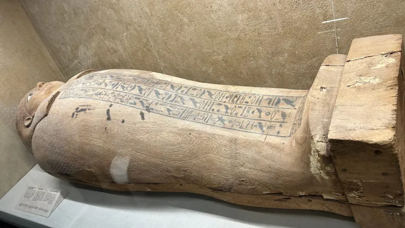 Ancient wooden coffin of imhotep at imhotep museum in saqqara, Saqqara Pyramids