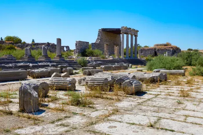 Ionic Stoa in Miletus archaeological site. Miletus was an ancient Greek city and now located near the Didim modern city in Turkey.