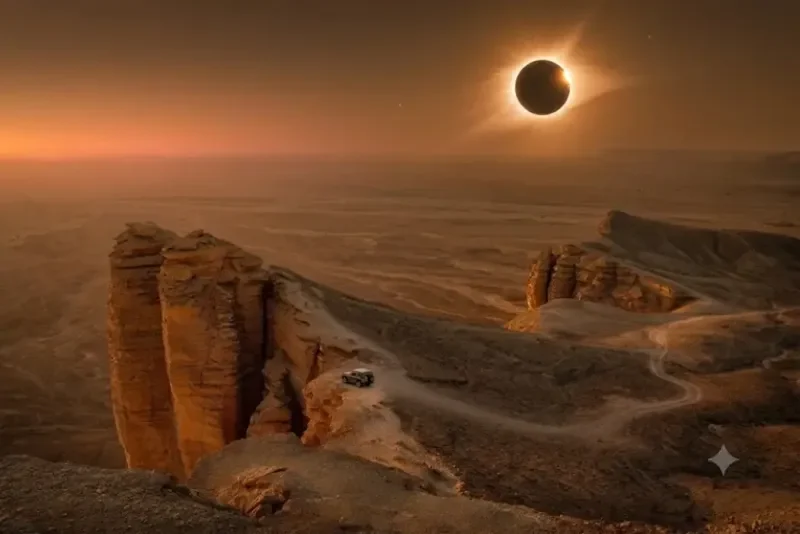 Un’eclissi solare totale illumina un maestoso deserto dell’Arabia Saudita