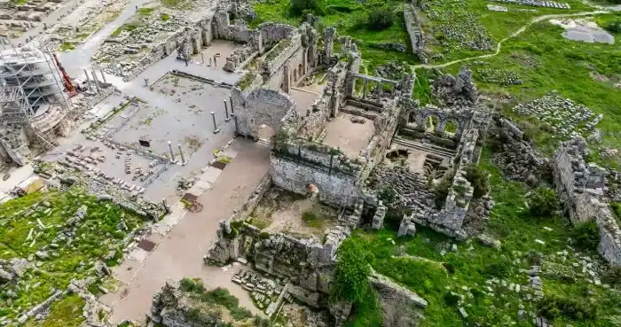 Aerial view of Antalya Perge Ancient City amphitheater, Historical site Perge Ancient City Antalya