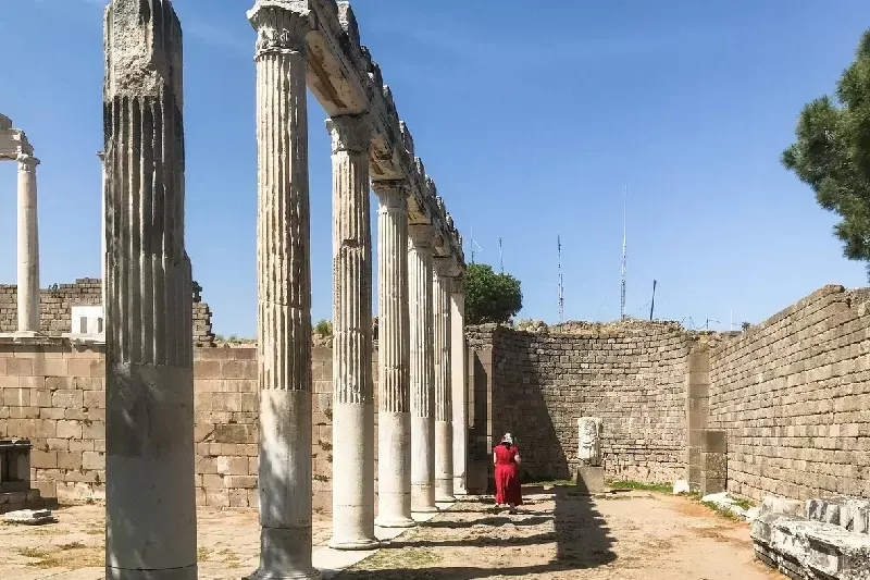 Woman touring ancient Pergamon, Ancient cities in Turkey.