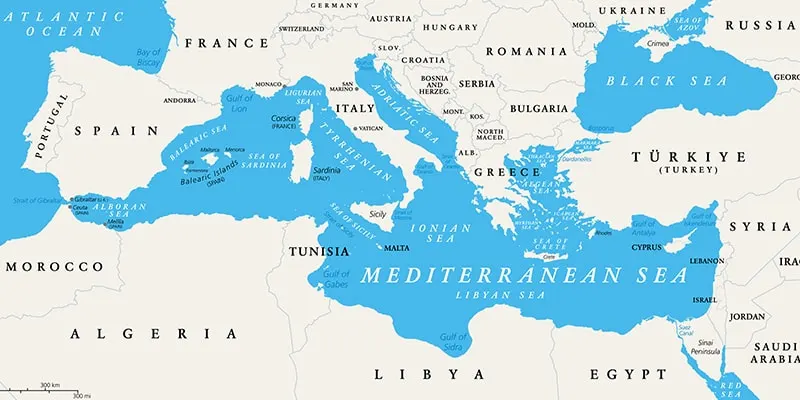 Political map of subdivisions and straits of the Mediterranean Sea showing countries around the Mediterranean coast and the Black Sea connections.