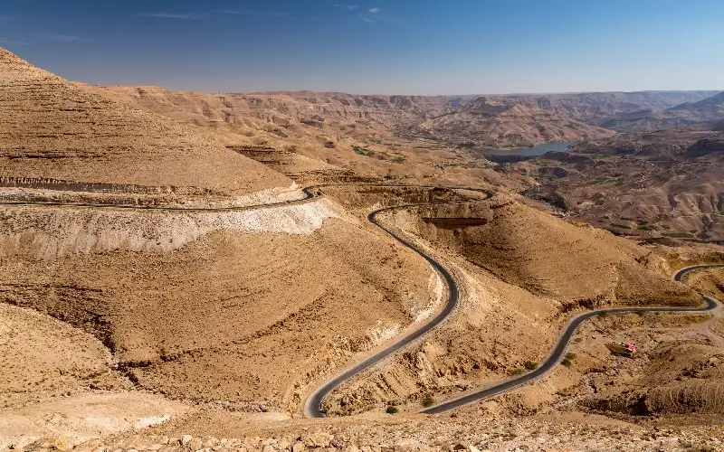 Winding road and beautiful desert landscape, mount Nebo Jordan