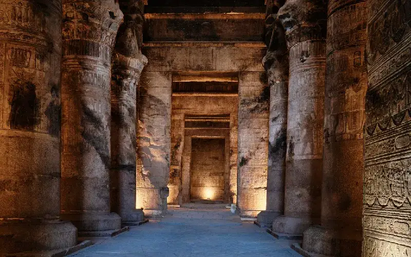 Qena, Egypt, Columns of the Hypostyle Hall in Temple of Hathor in Dendera Temple complex