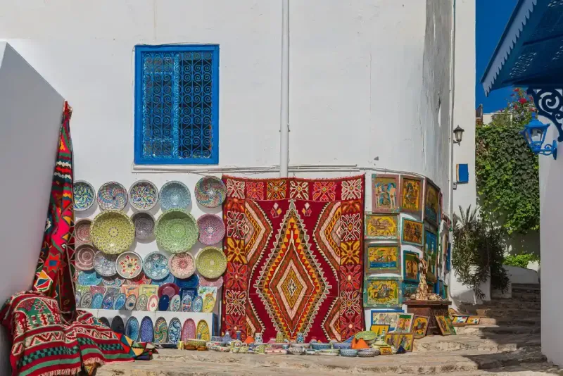 Streets with typical Tunisian architecture and souvenirs for tourists, Sidi Bou Said, Carthage, Tunisia