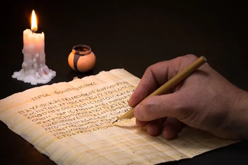 escriba-escribiendo-en-griego-koine-sobre-papiro-con-un-estilete-de-cana-a-la-luz-de-las-velas