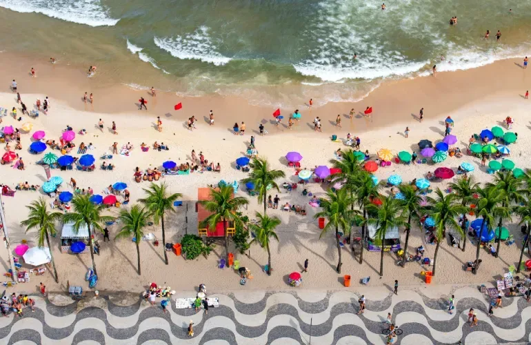 vue aerienne de la plage de Copacabana avec des parasol colores
