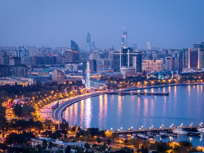 Baku city, Azerbaijan, view of the modern skyline on the Caspian sea coast.