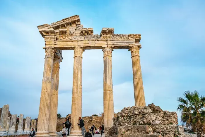 Visitors take photos at the Temple of Apollo in Antic Side, Antalya