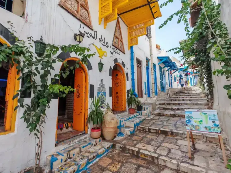 Vibrant Sidi Bou Said-Style Alleyway in Sousse Medina, Tunisia