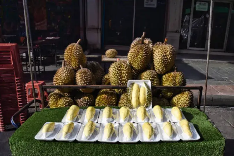 Lebendige Straßenszene der Khaosan Road in Bangkok mit Menschen, Geschäften, Straßenständen und bunten Lichtern bei Tag.