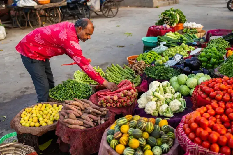Puesto de verduras matutino, Jaipur, India.