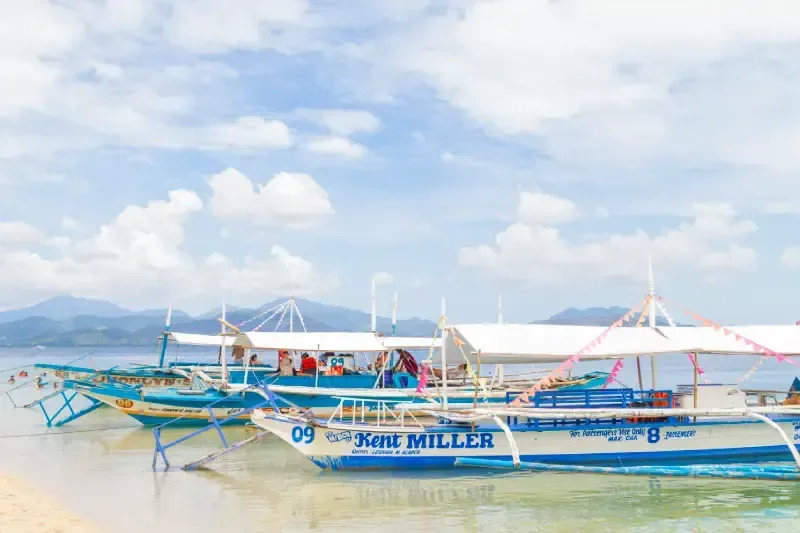 colorful-bangka-boats-with-canopy-roofs-docked-along-a-sandy-shore-in-palawan-philippines-mountains-visible-in-the-background